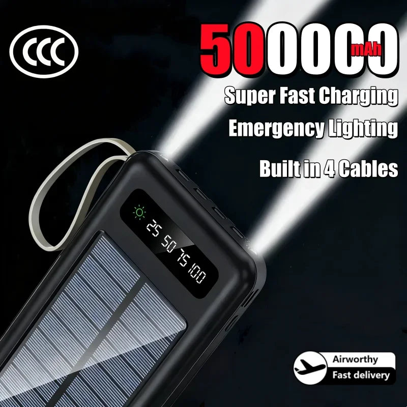 High Capacity Solar Power Bank with Built-in Cables & Flashlight – Portable Charger
