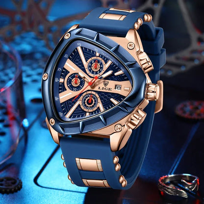 Luxury blue and rose gold watch with intricate design on a dark background