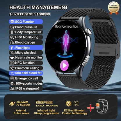 ECG+PPG Smartwatch with Uric Acid, Body Fat Blood Pressure Monitoring – 1.56” AMOLED, NFC, Heart Health Tracker for Android IOS - TREASURE ESHOP