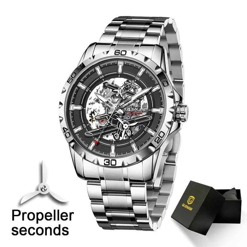 Men Watches Pilot Series Propeller Rotation Hollow Automatic Mechanical Watches waterproof Stainless Steel Watch
