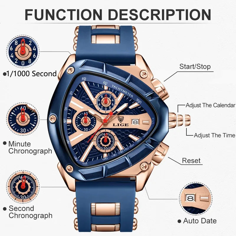 Blue and rose gold watch with feature description on a white background