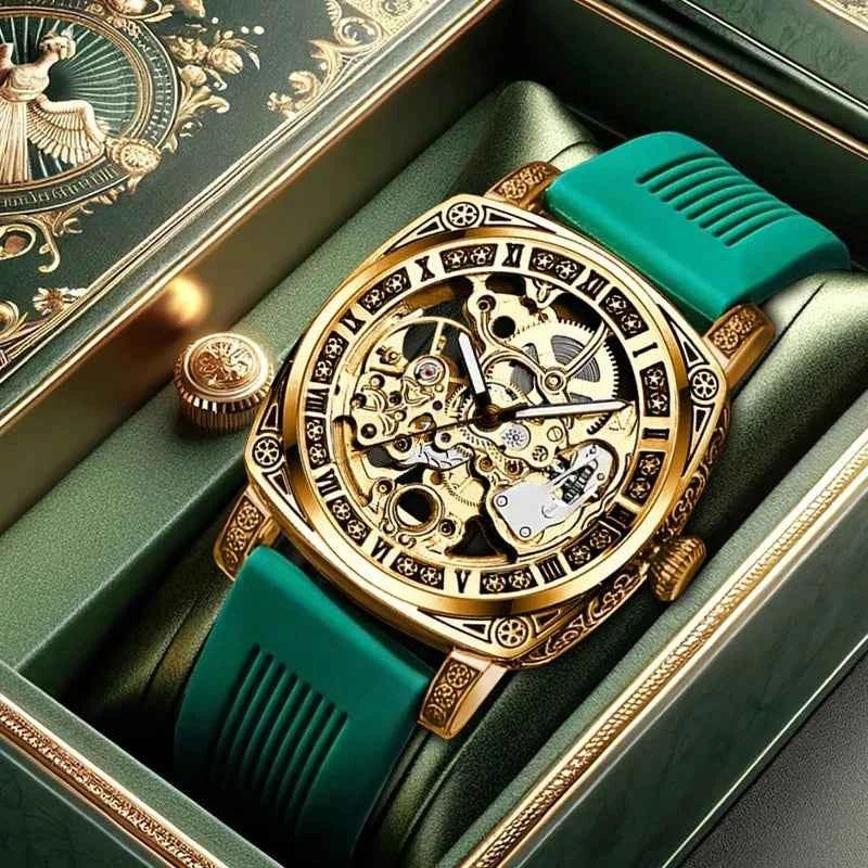 MEN'S Gold Carved Hollow Fashionable Retro Luminous Business and Leisure Fully Automatic Mechanical Watch