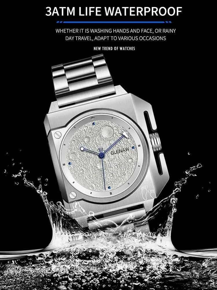 Mechanical Watch Moon Dial Luminous Spaceship Pointer Stainless Steel Watch For Men