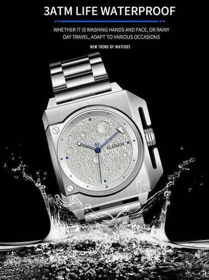 Mechanical Watch Moon Dial Luminous Spaceship Pointer Stainless Steel Watch For Men