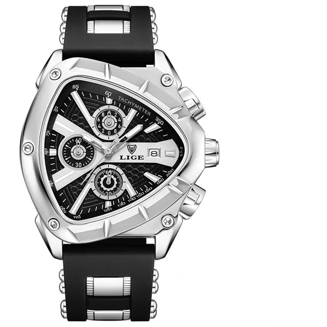 Black and silver watch with LIGE branding on a white background