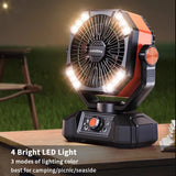 Tragbarer Campingventilator mit 20.000-mAh-Akku, LED-Leuchten und Fernbedienung, aufgehängt im Zelt