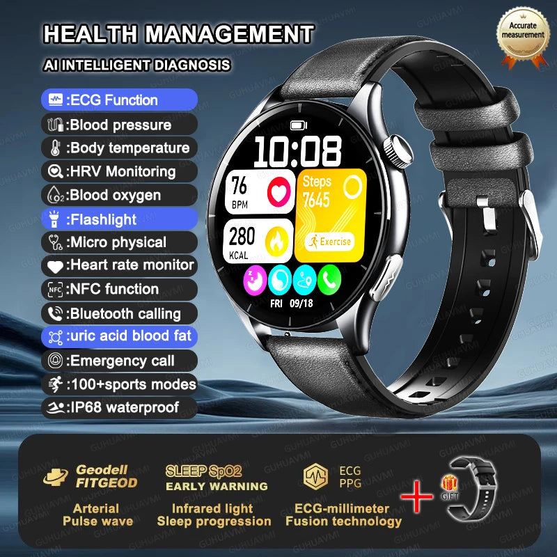 ECG+PPG Smartwatch with Uric Acid, Body Fat Blood Pressure Monitoring – 1.56” AMOLED, NFC, Heart Health Tracker for Android IOS - TREASURE ESHOP