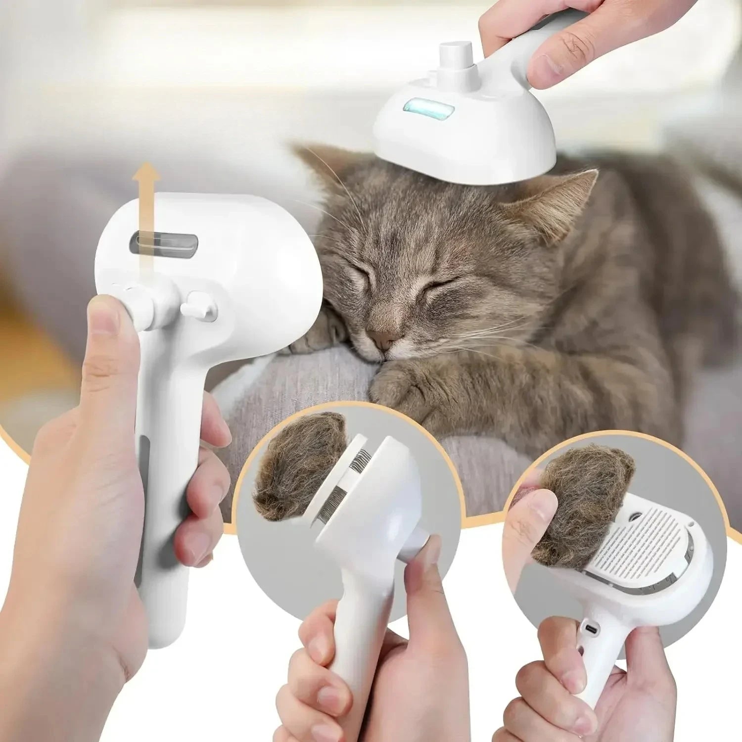 Pet grooming tool with a cat receiving grooming, showing fur removal.