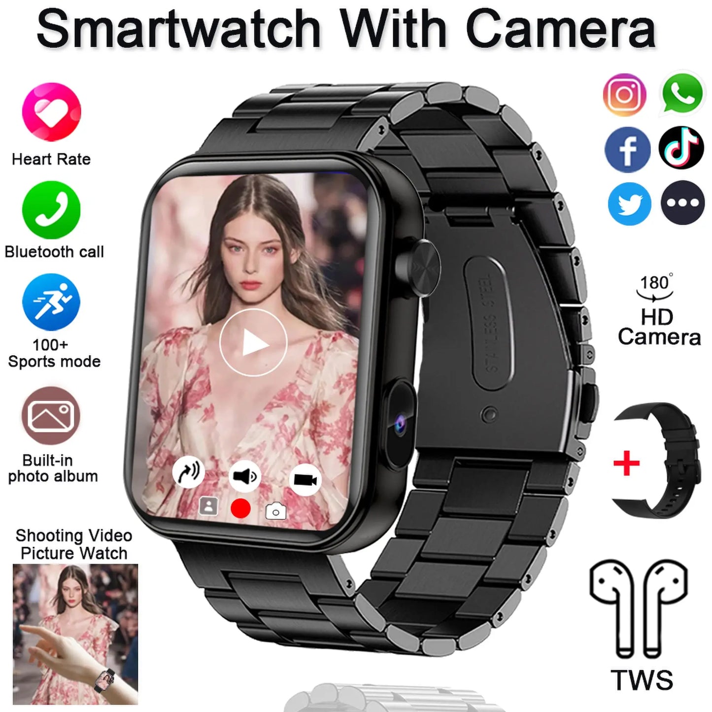 Smart Watch with Camera Video Recording – 1.91” Display, Bluetooth Call, Heart Rate Fitness Tracking | Android iOS - TREASURE ESHOP