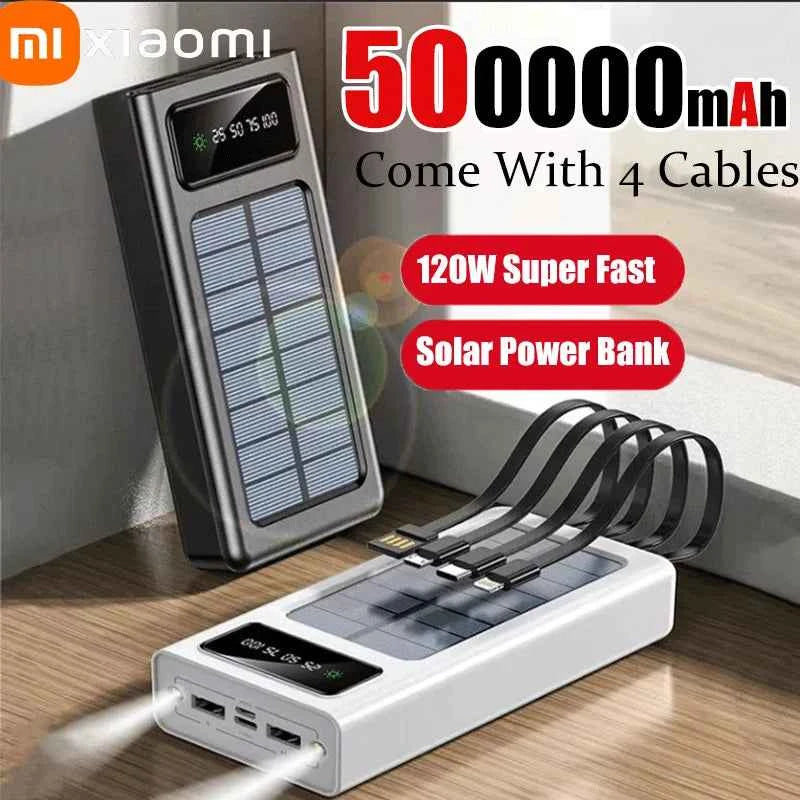 Xiaomi Solar Power Bank 500000mAh Large Capacity Mobile Power Fast Charging Battery With Dual USB 4 Cables For iPhone Samsung