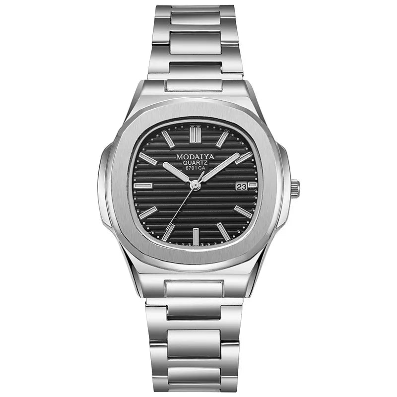 Men’s Big Dial Silver Stainless Steel Quartz Watch – Classic Calendar Wristwatch - TREASURE ESHOP