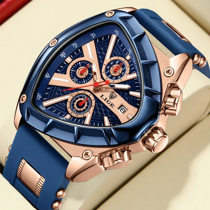 Blue and rose gold watch with detailed face on a beige background