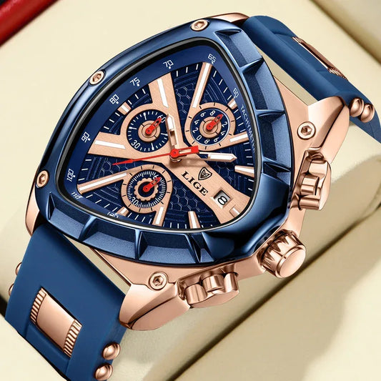 Blue and rose gold watch with detailed face on a beige background