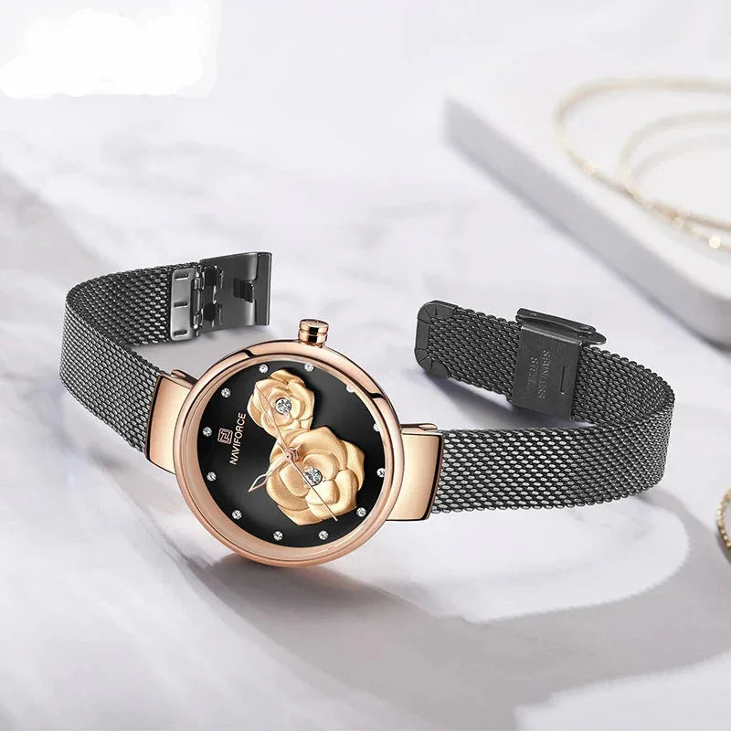 Ladies Luxury 3D Rose Quartz Watch – Creative Stainless Steel Waterproof Women’s - TREASURE ESHOP