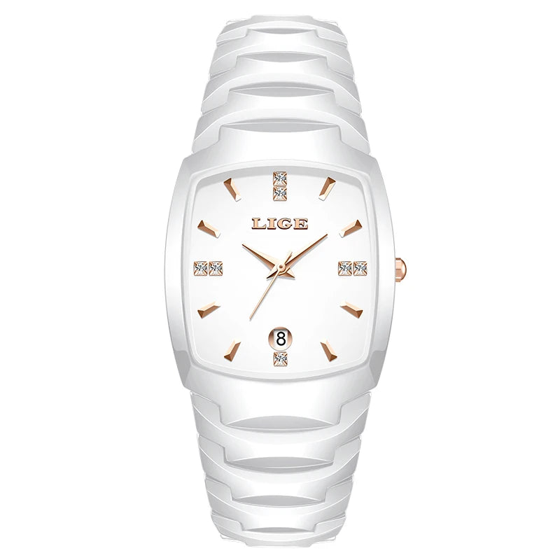 LIGE Luxury Ladies Waterproof Ceramic Watch – Elegant Quartz Wristwatch with Square - TREASURE ESHOP