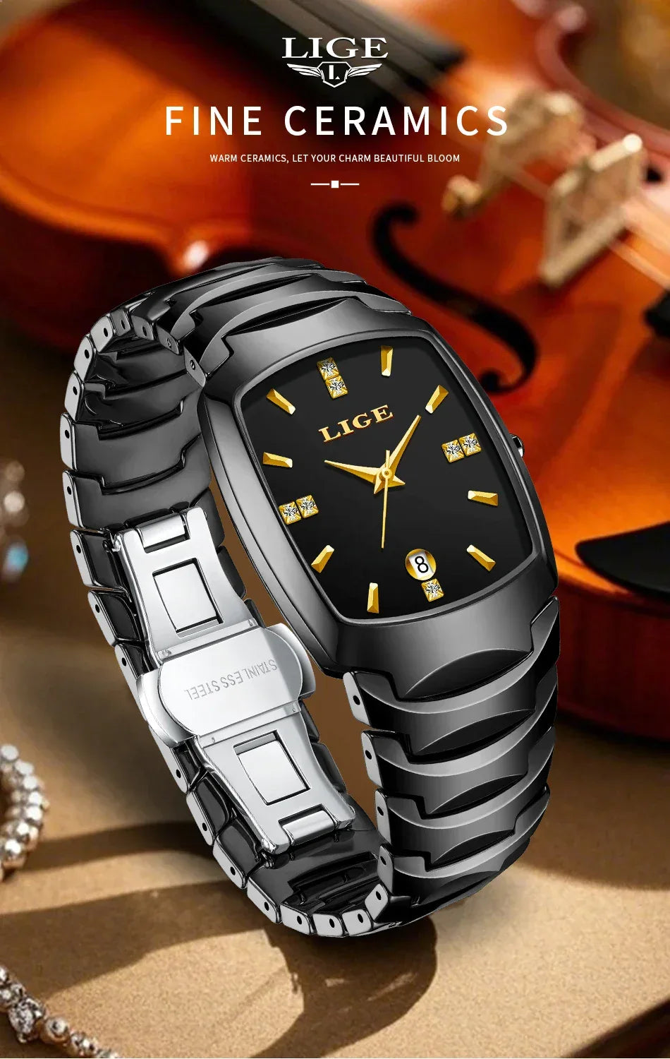 LIGE Luxury Ladies Waterproof Ceramic Watch – Elegant Quartz Wristwatch with Square - TREASURE ESHOP