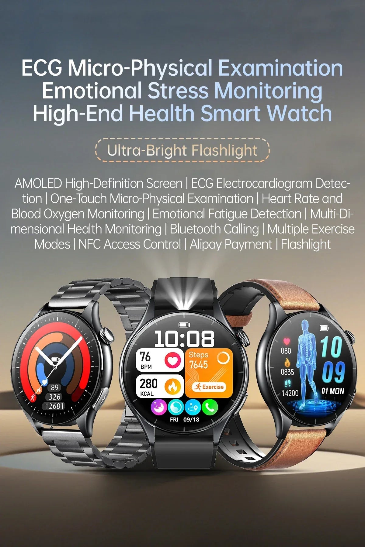 ECG+PPG Smartwatch with Uric Acid, Body Fat Blood Pressure Monitoring – 1.56” AMOLED, NFC, Heart Health Tracker for Android IOS - TREASURE ESHOP
