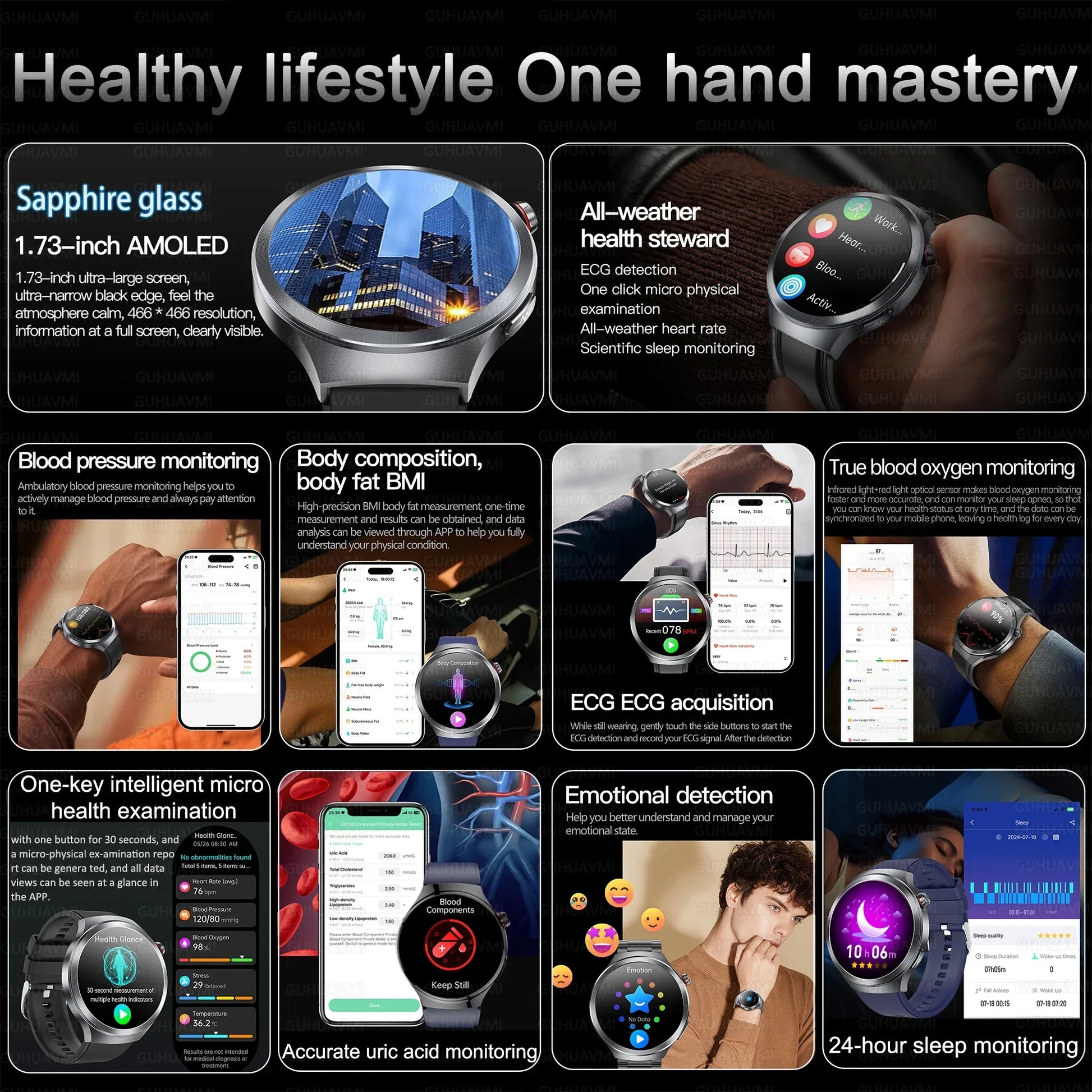 Health Trackr Smartwatch – Uric Acid, Blood Lipids ECG+PPG | 1.73” AMOLED | Body Analysis &amp; AI Diagnosis - TREASURE ESHOP