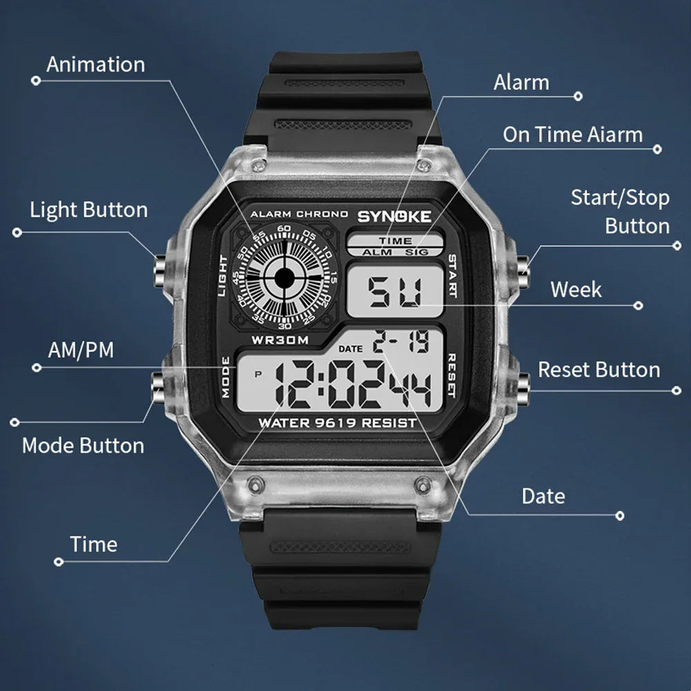 Men’s Digital Sports Waterproof Watch – Chronograph, Alarm, Backlight, Shock Resistant - TREASURE ESHOP
