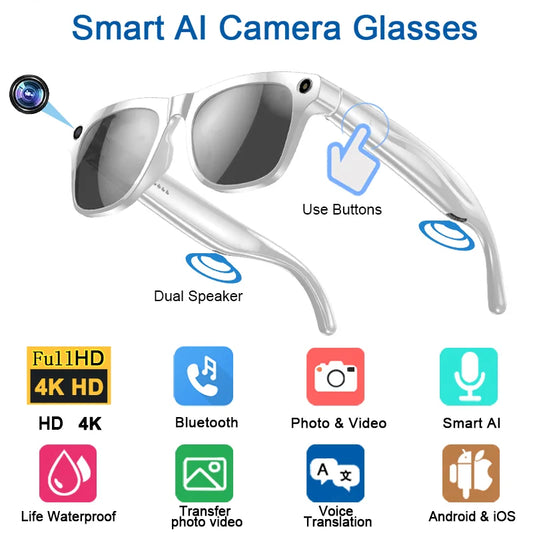 8K-HD-KI-Smart-Glasses mit Kamera, Bluetooth-Telefonie &amp; Übersetzungsfunktion