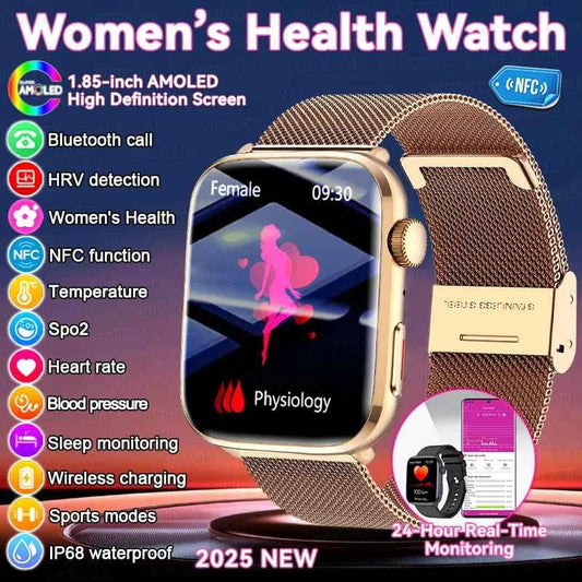 Women’s Smartwatch – AI Health Diagnosis, HRV + PPG, Blood Pressure &amp; SpO2 | 1.85” AMOLED | Bluetooth Call + NFC