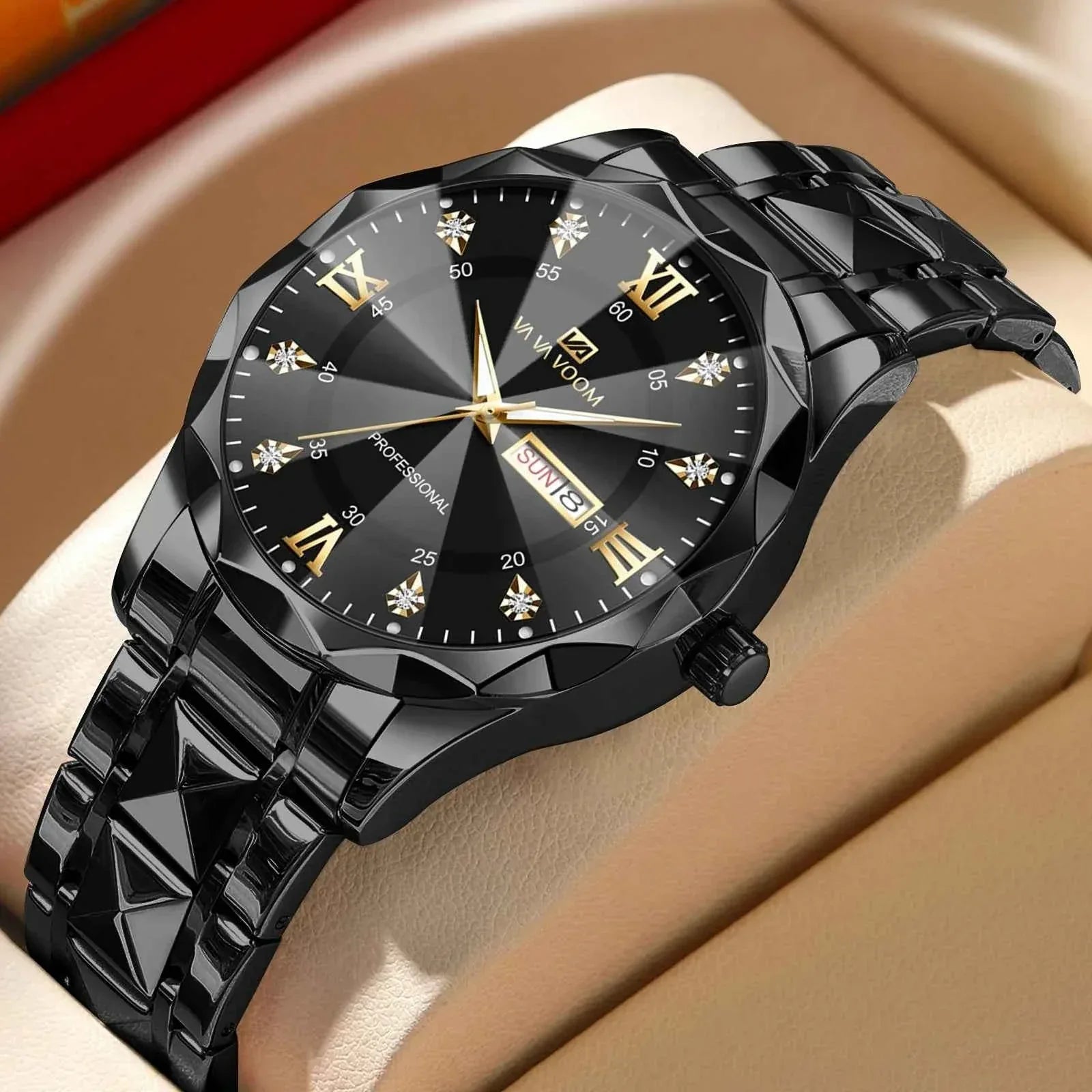 Men’s Water Diamond Luxury Quartz Watch – 41mm Blue Gold Stainless Steel, Night Glow, Double Calendar, Business Watch