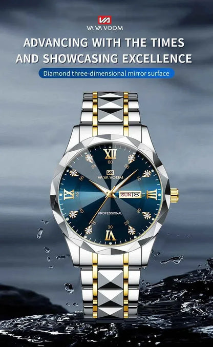 Men’s Water Diamond Luxury Quartz Watch – 41mm Blue Gold Stainless Steel, Night Glow, Double Calendar, Business Watch