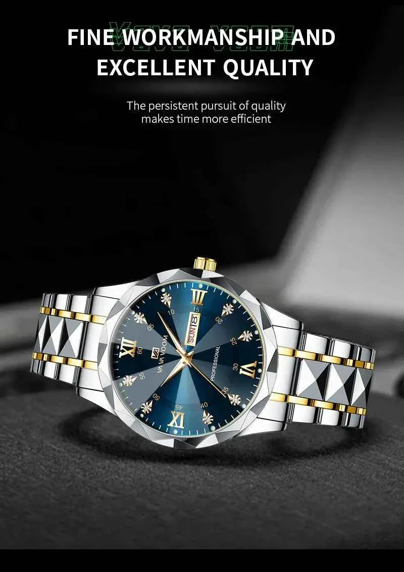 Men’s Water Diamond Luxury Quartz Watch – 41mm Blue Gold Stainless Steel, Night Glow, Double Calendar, Business Watch