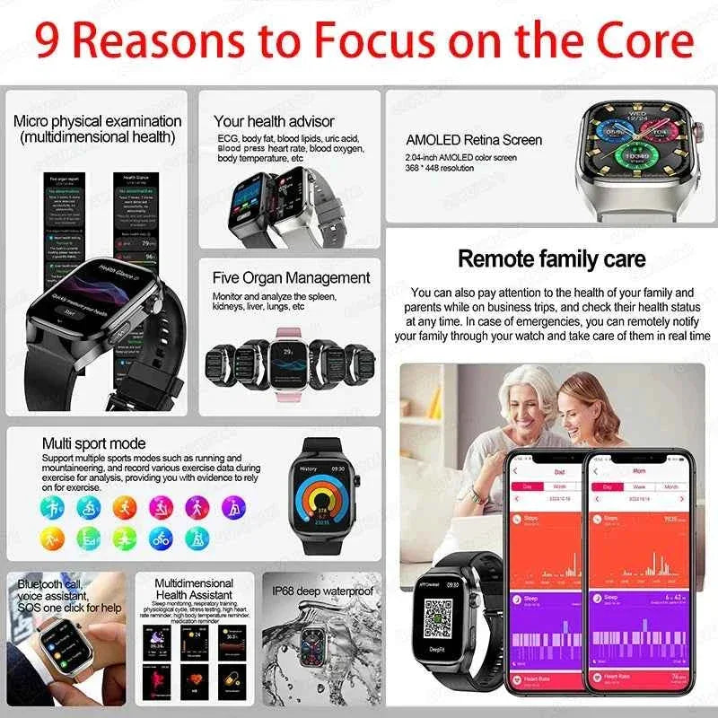 Men’s ECG+PPG Health Smartwatch – 2.04” AMOLED Sapphire, Blood Pressure, Oxygen, ECG, Body Composition, Bluetooth Call, IP68 Waterproof