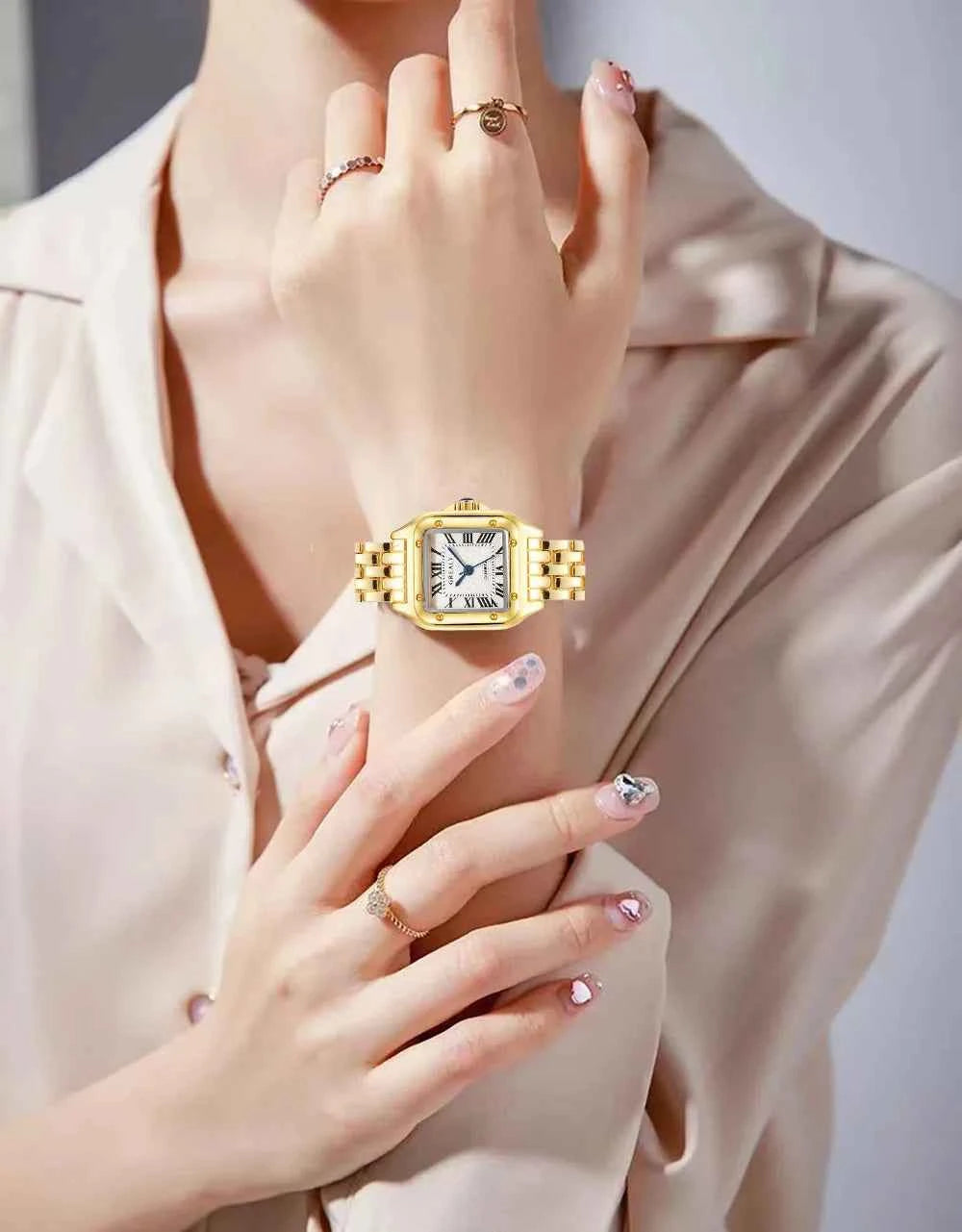 Women’s Light Luxury Gold Quartz Watch – Square Dial Stainless Steel Bracelet, Business & Fashion Ladies Watch
