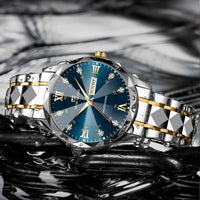 Men’s Water Diamond Luxury Quartz Watch – 41mm Blue Gold Stainless Steel, Night Glow, Double Calendar, Business Watch
