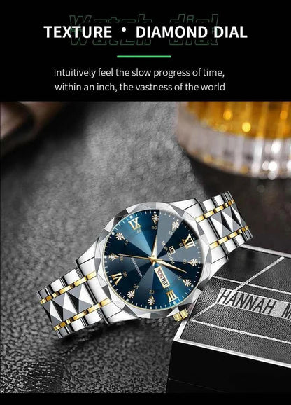 Men’s Water Diamond Luxury Quartz Watch – 41mm Blue Gold Stainless Steel, Night Glow, Double Calendar, Business Watch
