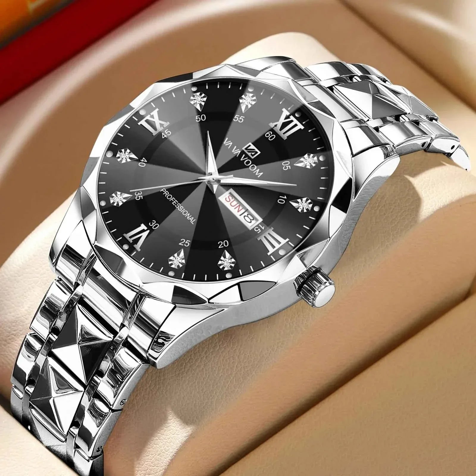 Men’s Water Diamond Luxury Quartz Watch – 41mm Blue Gold Stainless Steel, Night Glow, Double Calendar, Business Watch