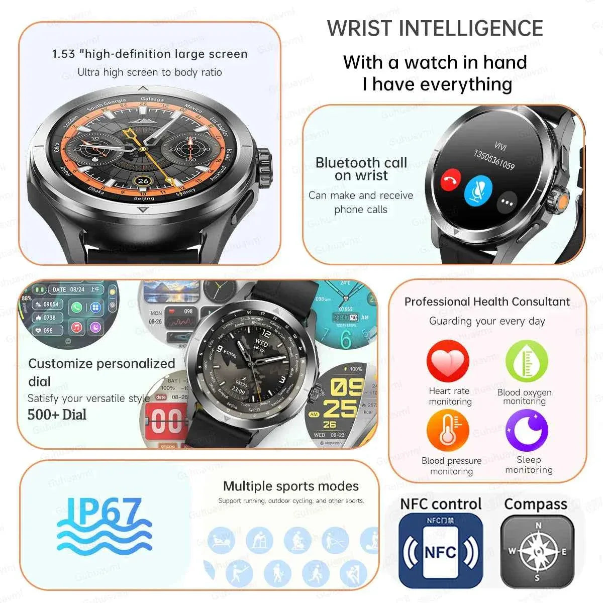 Ultra Outdoor Sports Smartwatch Men – 1.53” AMOLED HD, GPS, NFC, Compass, Heart Rate, Waterproof Bluetooth Calling Watch