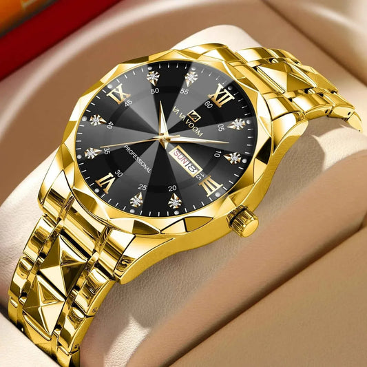Men’s Water Diamond Luxury Quartz Watch – 41mm Blue Gold Stainless Steel, Night Glow, Double Calendar, Business Watch