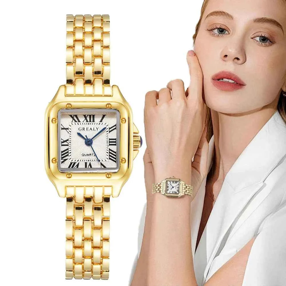 Women’s Light Luxury Gold Quartz Watch – Square Dial Stainless Steel Bracelet, Business & Fashion Ladies Watch